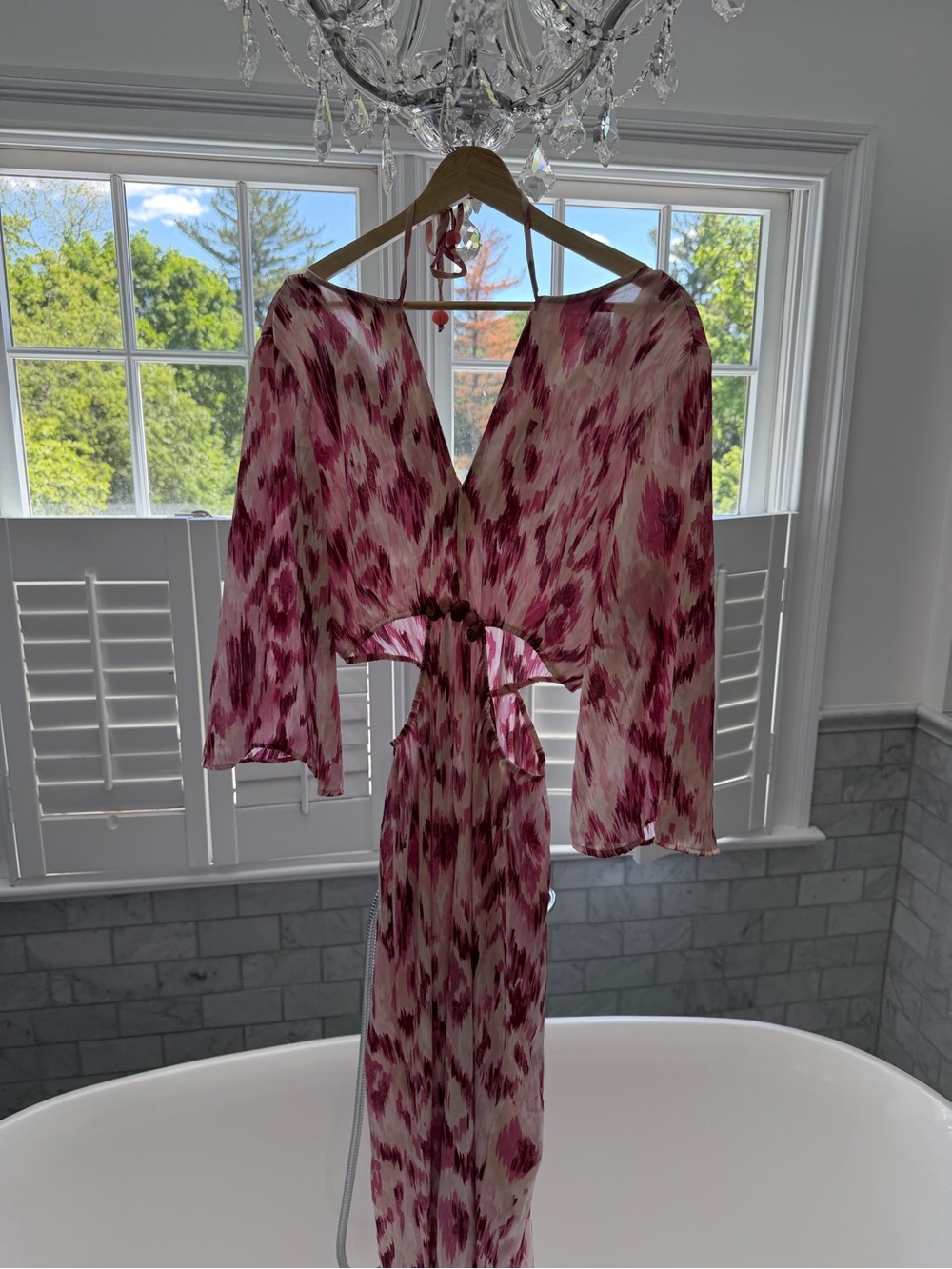 Zara Pink and White Halter Tie-Waist Printed Jumpsuit with Flutter Sleeves